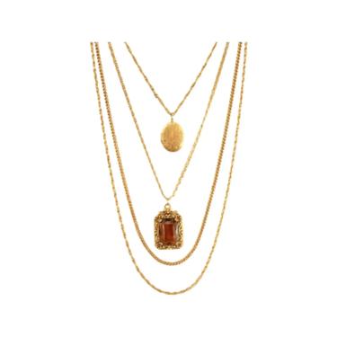 1960s Goldette Layered Locket &amp; Pendant Necklace - 1960s Gold Layered Necklace - Vintage Topaz Pendant Necklace - Vintage Gold Locket 
