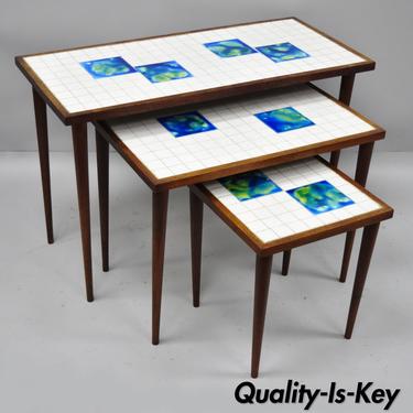 3 Mid Century Modern Nesting Tile Top Side Tables Blue Green Tiles Danish Teak