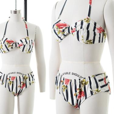 Vintage 1950s Bikini | 50s Rose Floral Striped Printed Cotton Halter Bandeau Low Rise Smocked Swimsuit (xs/small) 