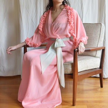 1930s Pink Ruffled Wrap Dress / Dressing Gown with Blue Sash | Vintage Pink Robe 