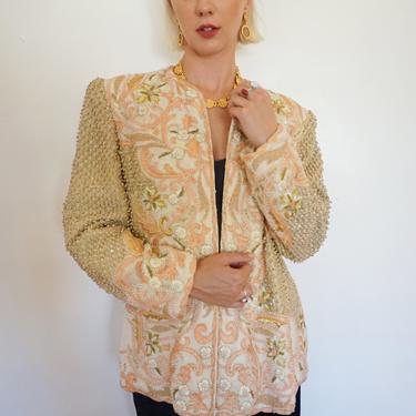 1980s Beaded and Rhinestone Encrusted Gold Woven Evening Jacket Floral Zip Front Sequin Jacket 