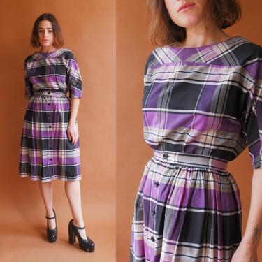 Vintage 80s Cotton Plaid Set/ 1980s Blouse and Skirt Co Ord Matching Set/ Size XS 24 25 