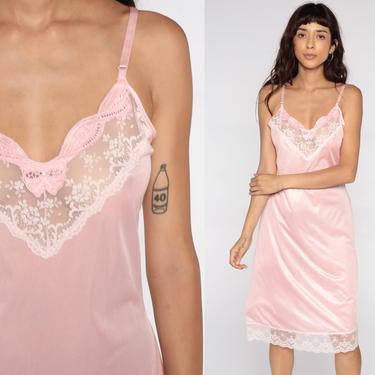 Pink Lace Slip Dress 34 80s Nightgown DVF Lingerie Midi Nylon Vintage Pastel Baby Pink V Neck Empire Waist Spaghetti Strap Small S 