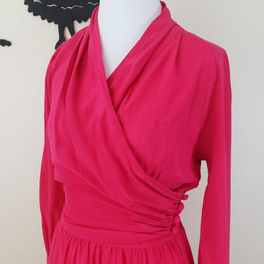 Vintage 1980's Hot Pink Cocktail Dress / 80s Magenta Silk Formal Dress XS 