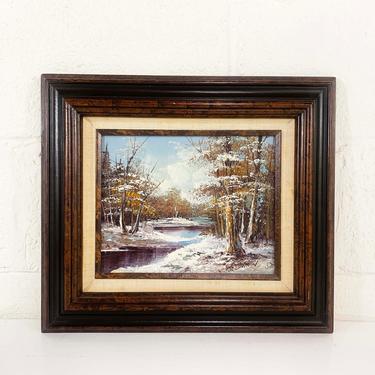 Vintage Framed Original Painting Landscape Snowy River Snow Winter Scene Wood Frame Framed Painted Amateur Art Boho Eclectic Forest 