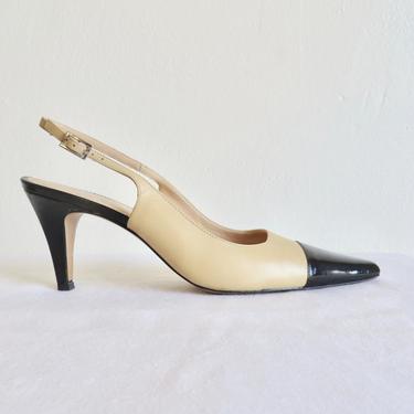 Vintage Size 8 8.5 Black Patent and Tan Leather Spectator Pumps Slingback Heels Leather Uppers and Soles Amalfi Made in Italy 