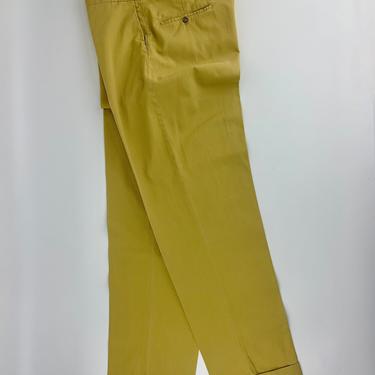 1960'S Cotton Twill Trousers in Mustard - Flat Front - Slash Pockets - Slim Fit with Cuffs - Size 32 Inch Waist 