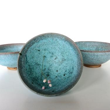 Set Of 3 Small Studio Pottery Bowls In Turquoise Blue, Hand Thrown Robins Egg Blue Stoneware Bowls 