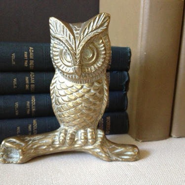 Brass Owl Statue Perched on a Branch Paper Weight Bookend Bookshelf Decor 