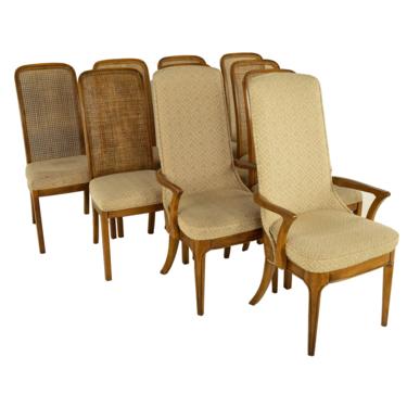Hickory Manufacturing Company Mid Century Burlwood and Cane Dining Chairs - Set of 10 - mcm 