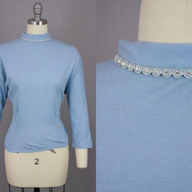 1950s NOS Jersey Knit Top | Vintage 50s NWT Rhinestone Edged Turtleneck with Button Back | medium / large 