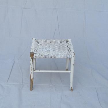 White Painted Stool Boho Woven Stool Primitive Country Stool Wood Stool Woven Rope Stool Vintage Footstool French Farmhouse Woven Stool 