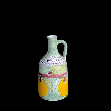 Vintage Mid Century Modern Italian 7 5/8&amp;quot; Tall Pottery Jug with Hand Painted Lemons Nino Parrucca like Desimone or La Musa 
