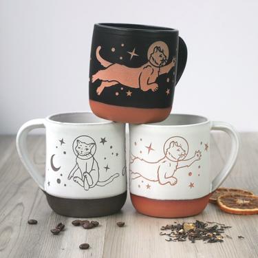 Astronaut Space Cats Mug - handmade celestial pottery 