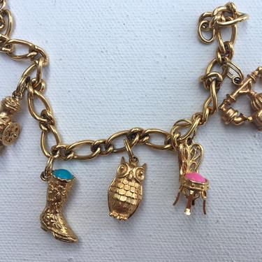 Vintage Avon Charm Bracelet, Gold Tone Charm Bracelet By Avon, Owl, Coffee Grinder, 