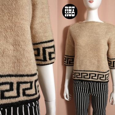 Nice Vintage 60s 70s Beige &amp; Black Greek Key Trimmed Wool Sweater 