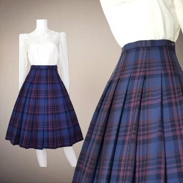Vintage Pendleton Plaid Skirt, Small / Topstitch Pleated Skirt / Wool Twill Skirt / Flared Schoolgirl Skirt 26&quot; Waist / 90s Plaid Midi Skirt 