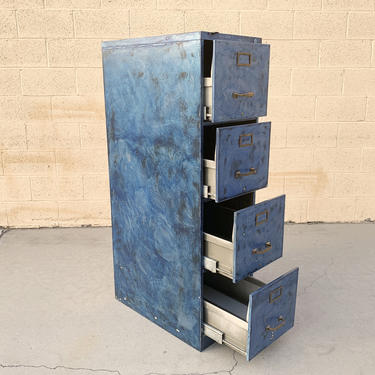 1940s File Cabinet, Blue Patina + Brass, Inspired by Van Gogh's Starry Night