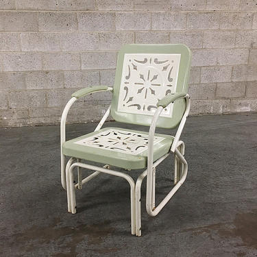 LOCAL PICKUP ONLY Vintage Glider Retro 1990s White + Mint Green Metal Gliding Chair with Cutout Design for Porch or Outdoor Seating 
