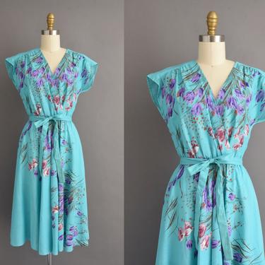 1970s vintage dress | Gorgeous Turquoise Floral Print Summer Cotton dress | Medium | 70s dress 