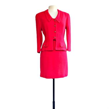 Vintage 90s raspberry wool skirt suit| PSI 