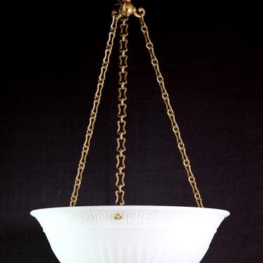 1900s Milk Glass Greek Key Hanging Dish Pendant Light