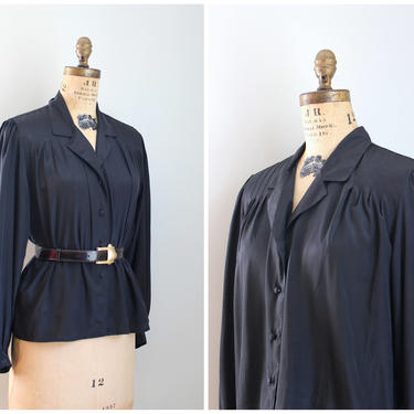 80s secretary style blouse -black silky blouse / 80s blouse - gathered shoulders / New Wave top - black 80s blouse 