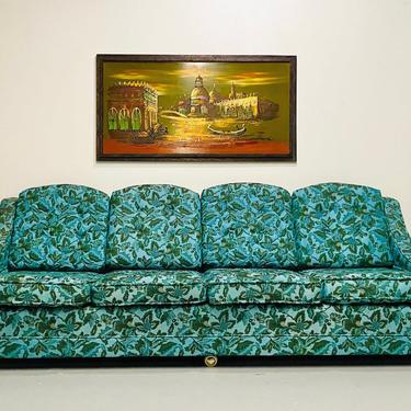 Mid Century Turquoise Floral Sofa, MCM Hollywood Regency Extra Long Sofa, Boho Turquoise Couch, Vintage Sofa 