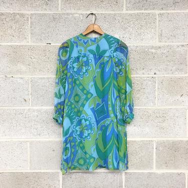 Vintage Dress Retro 1960s Petites by Suzy + Size 3 + Psychedelic Print + Mini + Shift Dress + Union Made + Blue and Green + Womens Apparel 