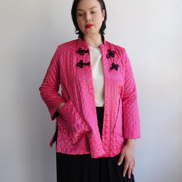 Vintage 50s Quilted Fuscia Jacket/ 1950s Hot Pink and Black Satin Coat with Frog Closures and Patch Pockets/ Size Medium 