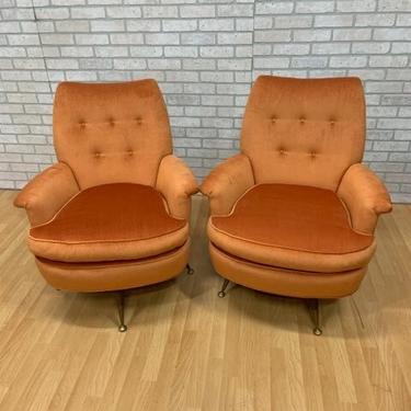 Mid Century Modern Italian Brass Tip Swivel Lounge Chairs Original Orange Fabric - Pair