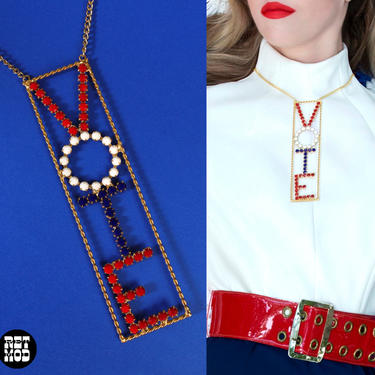 WOW, INCREDIBLE HUGE Vintage 60s 70s Red White Blue Rhinestone Gold Vote Pendant 