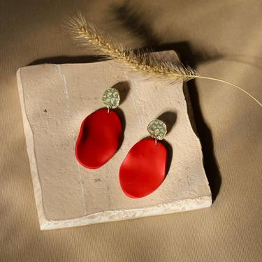 Red Elegant Dangle Statement Earrings / Lightweight Polymer Clay / Organic Shape 