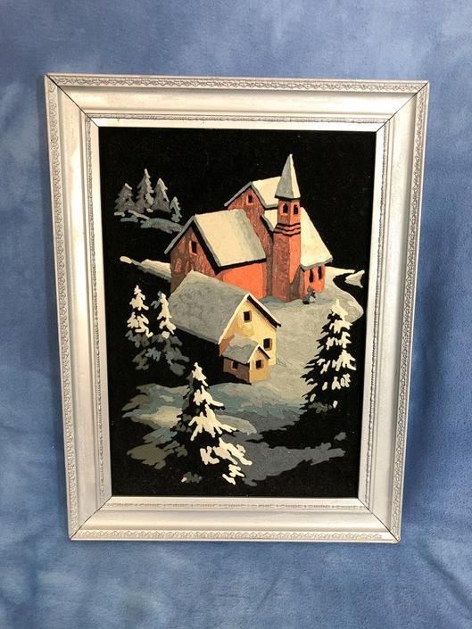 Adorable Vintage Winter Scene Framed Paint by Number Velvet Painting, Christmas Church 