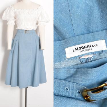Vintage 1950s Skirt / 50s Chambray Denim Wrap Skirt / Blue ( small S ) 