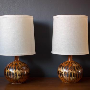 Pair of Mid Century Drip Glazed Pottery Lamps 