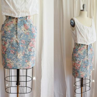 1980s Pastel Floral Print Jean Skirt | Vintage Mini Skirt | Denim 