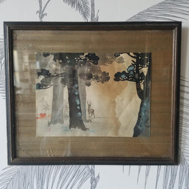 Vintage Watercolor Painting, on Rice Paper, Silk Fabric Matting, Japanese, framed, Landscape Scene with a Deer. 