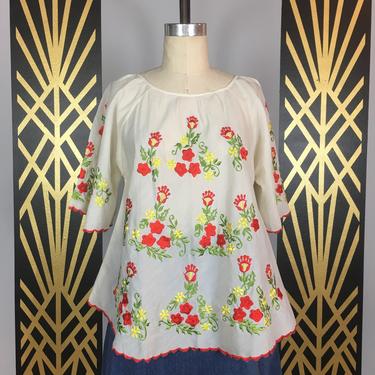 1970s tunic top, embroidered blouse, vintage 70s blouse, bell sleeve, size medium, Mexican style, a-line, trapeze, hippie style, festival 