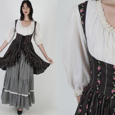 Gunne Sax Dress / Oktoberfest Dirndl Corset Style Dress / Floral Black White Gingham Maxi Dress Size 9 