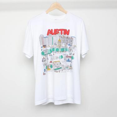 vintage AUSTIN, TEXAS cartoon arial map 1990s WHITE t-shirt all over print t-shirt top -- size large 