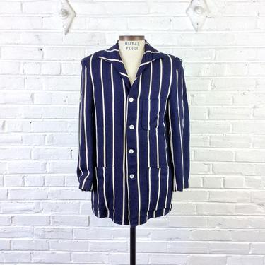 Size S/M Vintage Men’s 1950s Blue and White Striped Rayon Patch Pocket Casual Sport Coat 