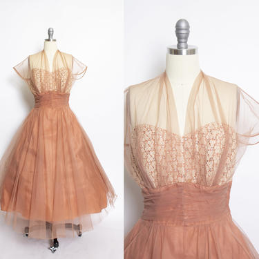 Vintage 1950s Dress Brown Tulle Illusion Sweetheart Full Skirt 50s Large L 