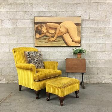 LOCAL PICKUP ONLY Vintage Lounge Chair and Foot Stool Retro 1970's Yellow Velvet Matching 2 Piece Set 