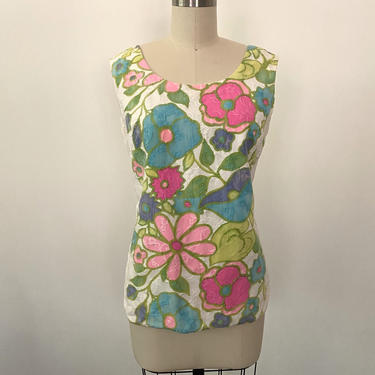 Vintage 1960s Blouse 60s Top Alex Colman Designer Cotton Brocade Floral Border Print 