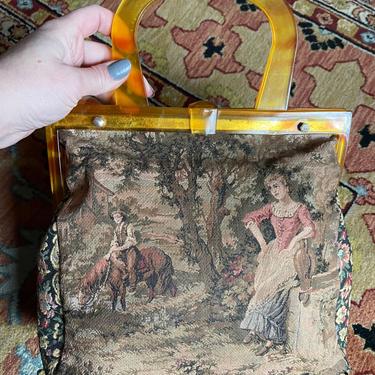 Vintage 1940s Figural Tapestry Purse Made in France 