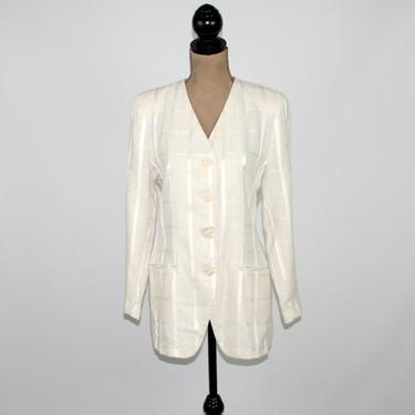 80s Cream Long Fitted Blazer Women Small, Collarless Off White Jacket with Shoulder Pads, 1980s Clothes Vintage Clothing Petite Sophisticate 