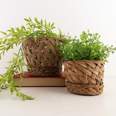 Boho Woven Wicker Planter, Collected Set of 2, Vintage Braided Rattan Basket Planters 