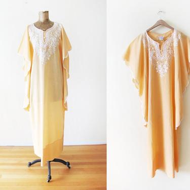 Vintage 70s Dress - Long 70s Maxi Dress - Embroidered Caftan Kaftan Mumu - Peach Orange Pastel Dress - 70s Clothing - Butterfly Sleeve 