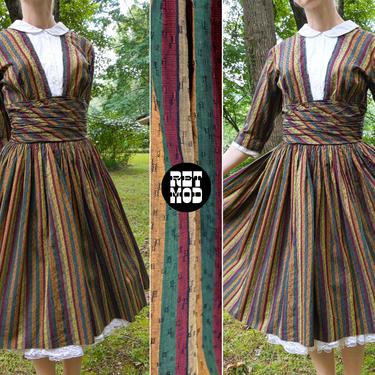 Sweet Vintage 50s Brown Olive Green Mustard Yellow Stripe Fit & Flare Cotton Dress with White Bib Front 